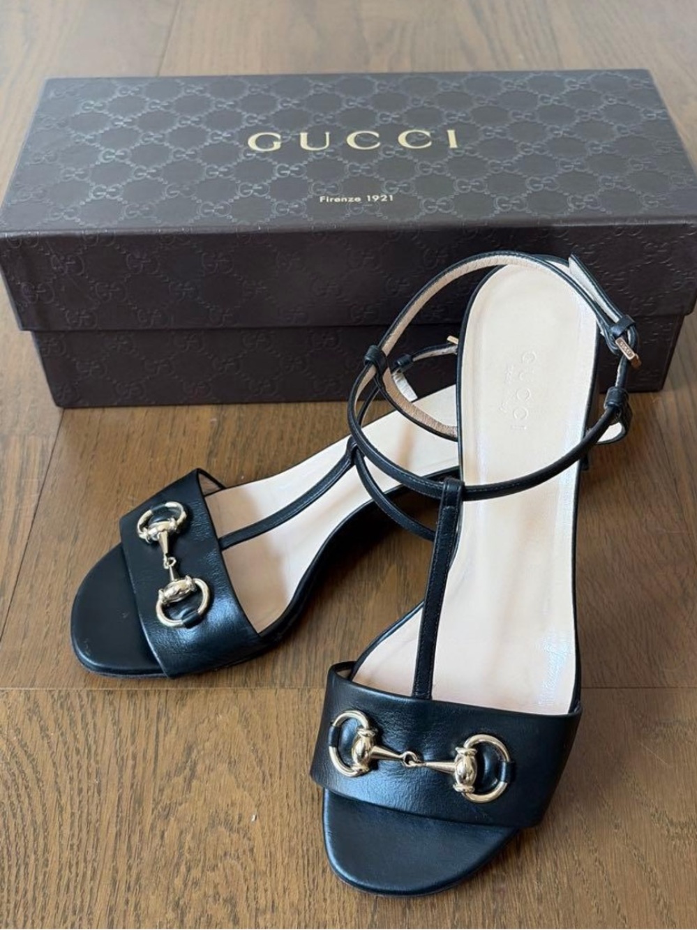 Gucci Black Leather Horsebit T-Strap Sandal Heels